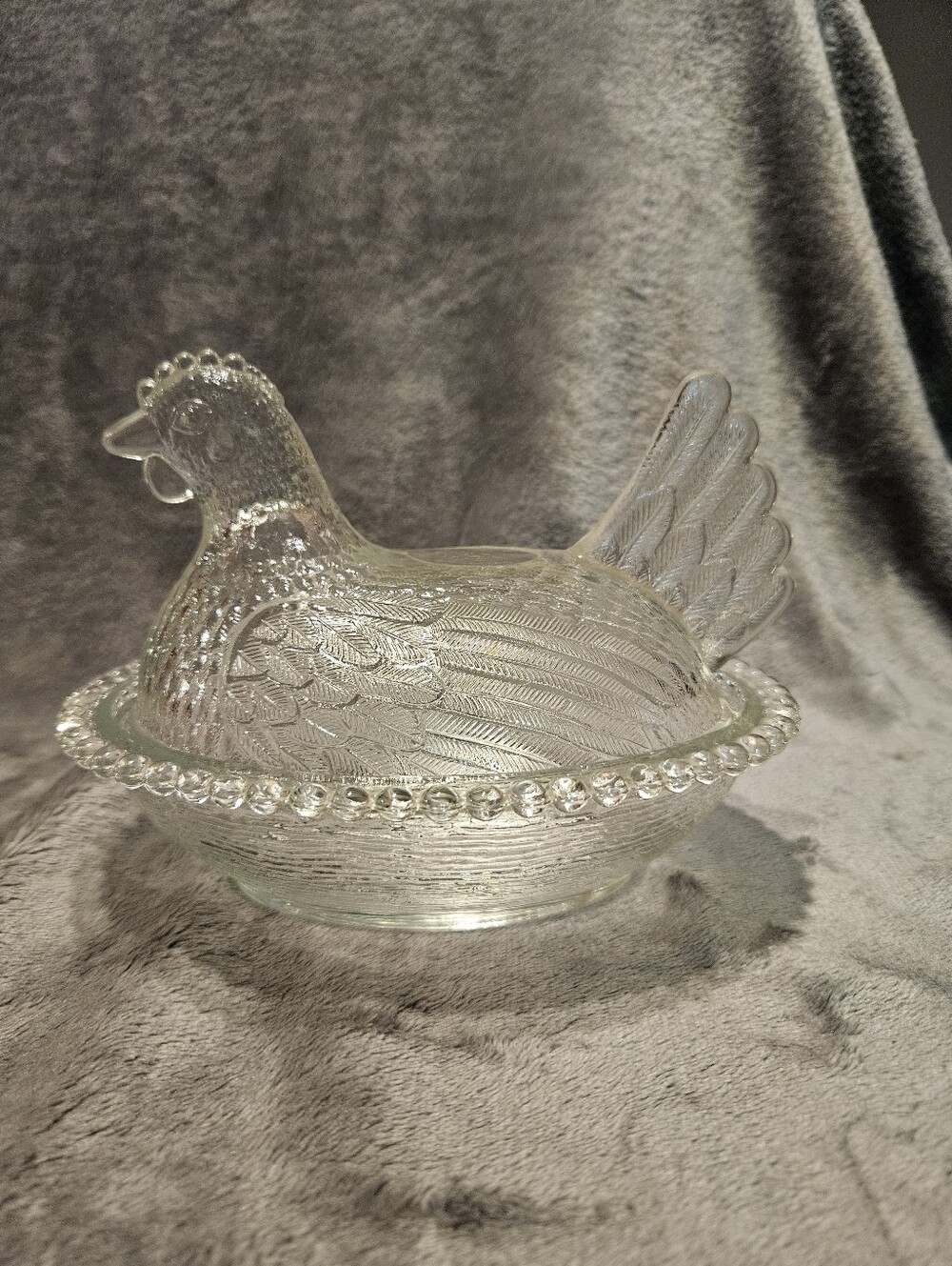 Vintage Indiana Glass clear glass "Hen on Nest" candy dish. 7 inches long.